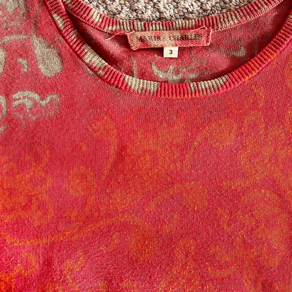 Marika Charles vintage block printed shirt, orange/red.  Sz 3, runs small.